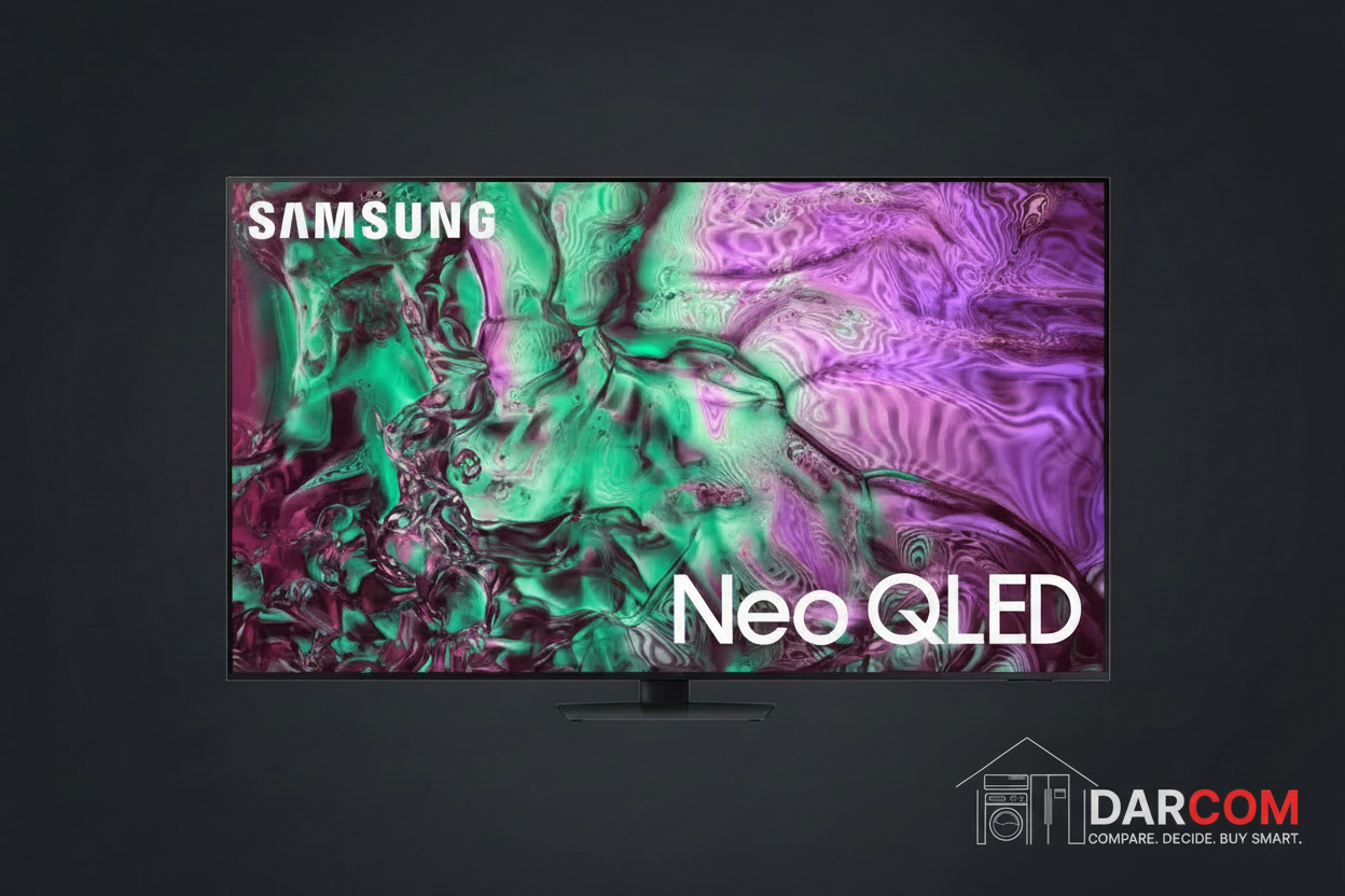 Samsung Neo QLED TV with DARCOM logo - Dark Background