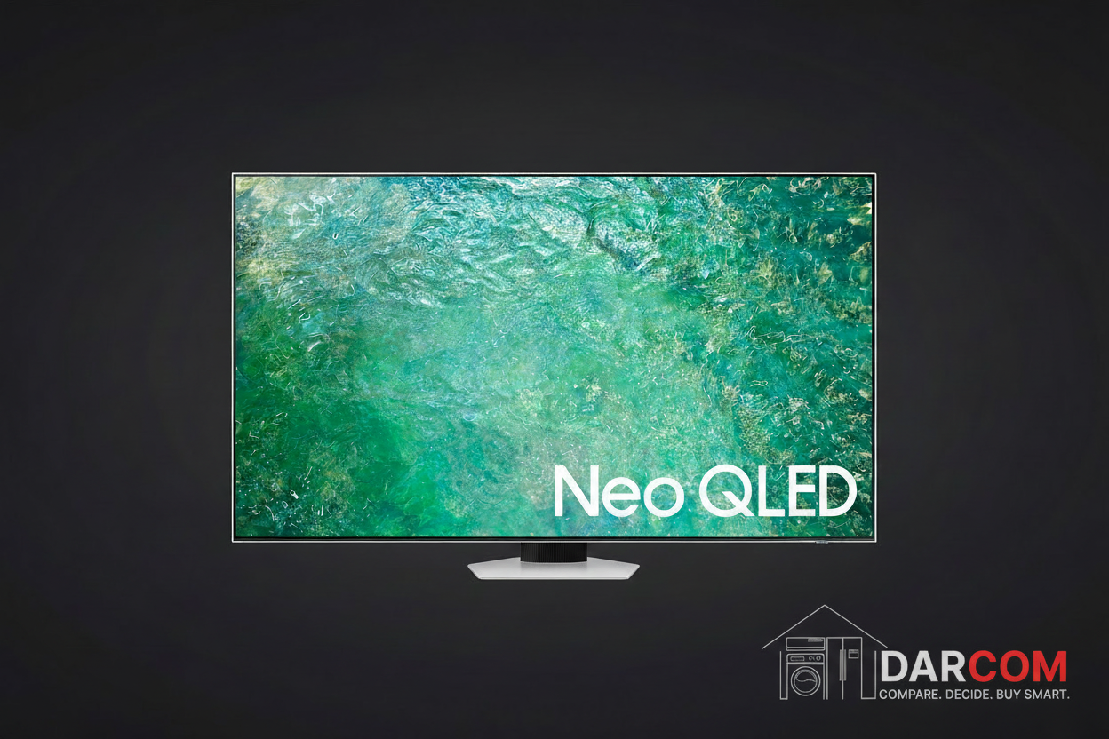 Samsung Neo QLED TV with DARCOM logo - Dark Background