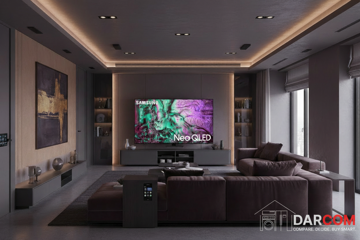 Samsung Neo QLED TV with DARCOM logo - Living Room