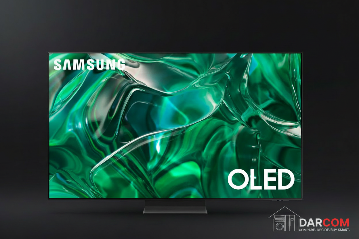 Samsung QD-OLED TV with DARCOM logo - Dark Background