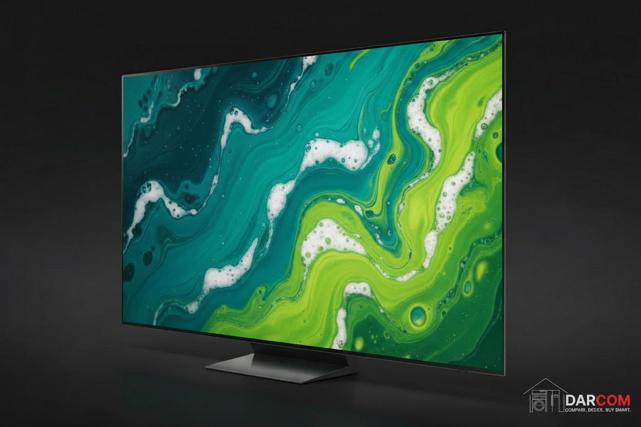 Samsung QD-OLED TV with DARCOM logo - Dark Background