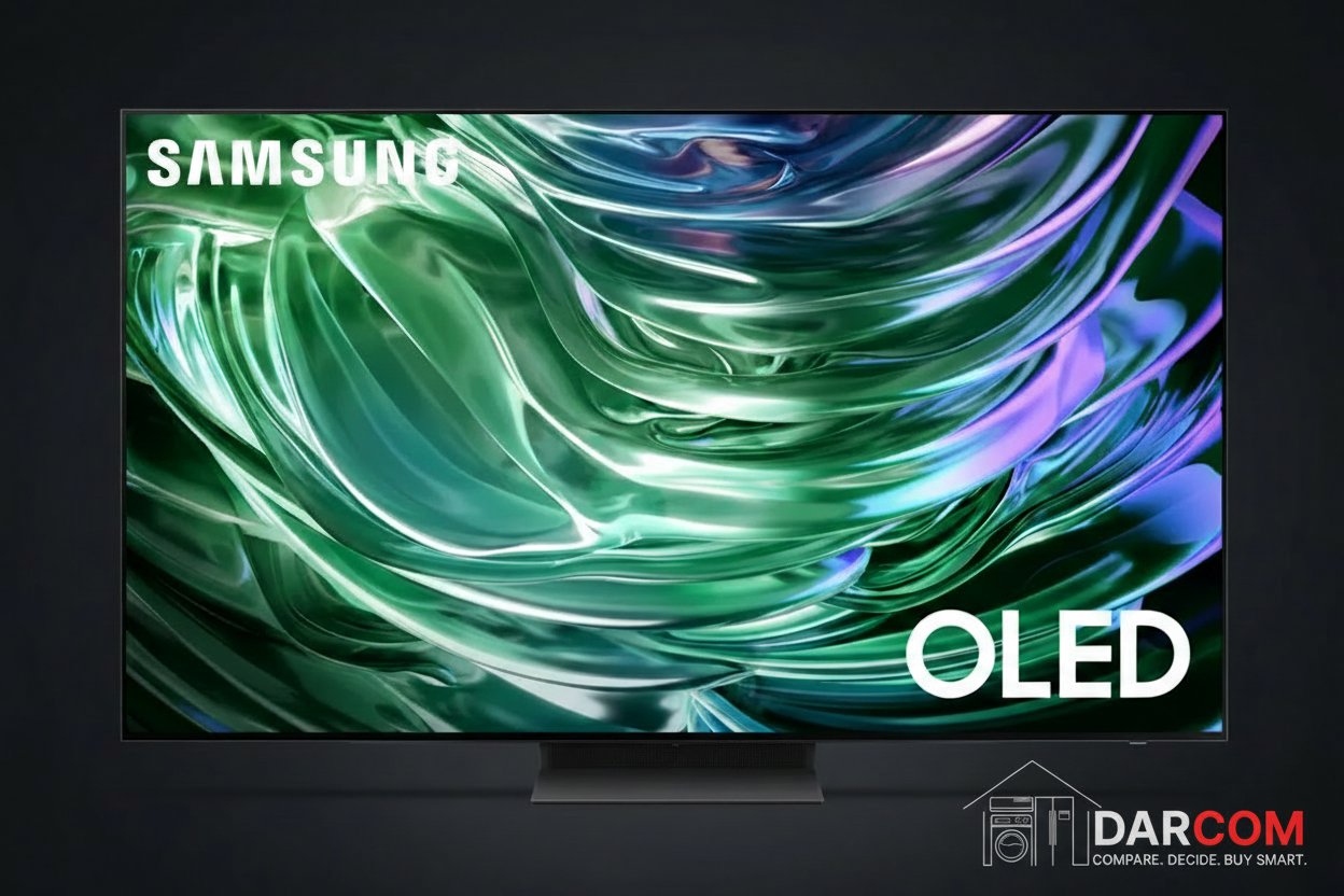 Samsung QD-OLED TV with DARCOM logo - Dark Background