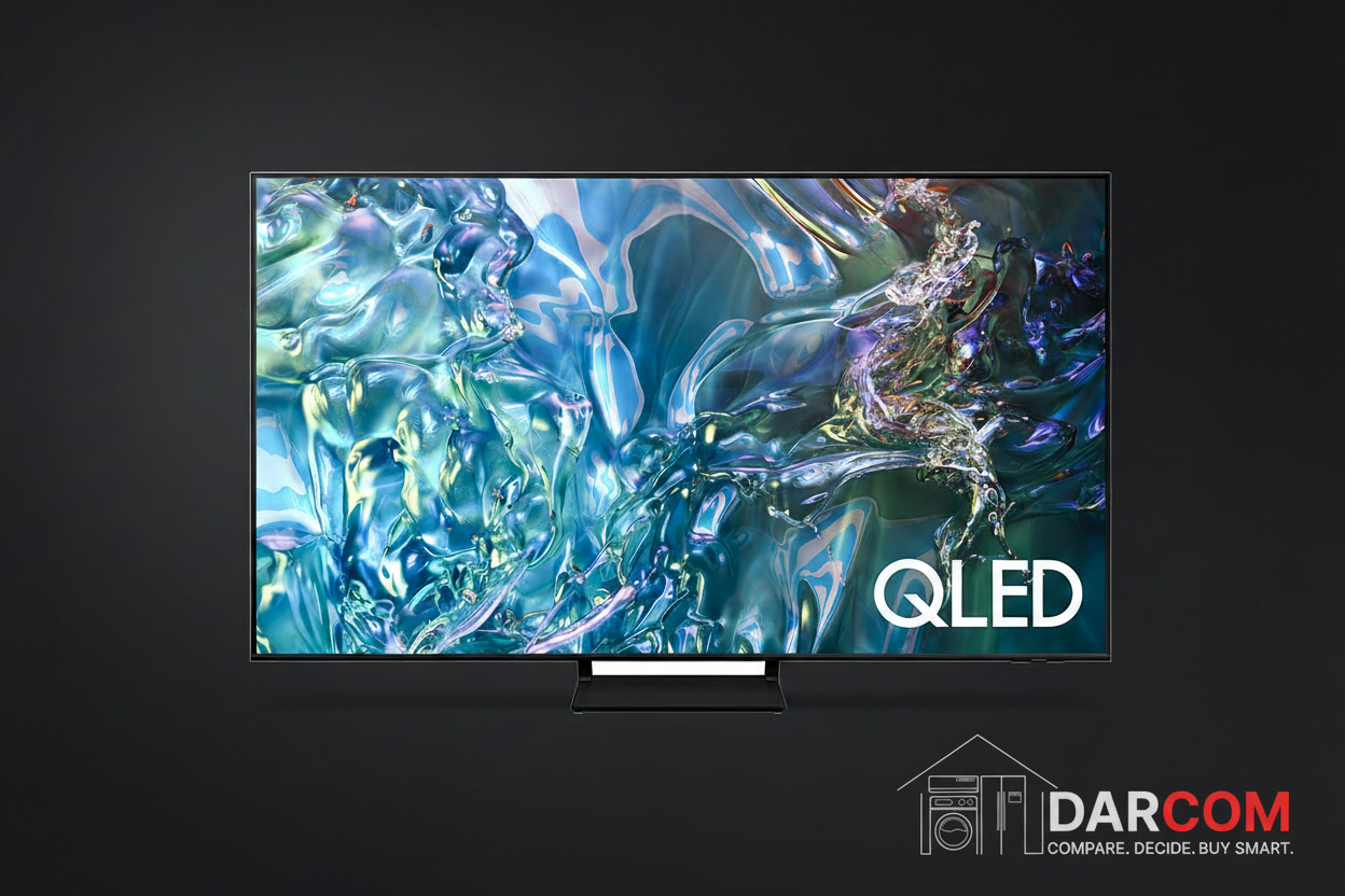 Samsung QLED TV with DARCOM logo - Dark Background
