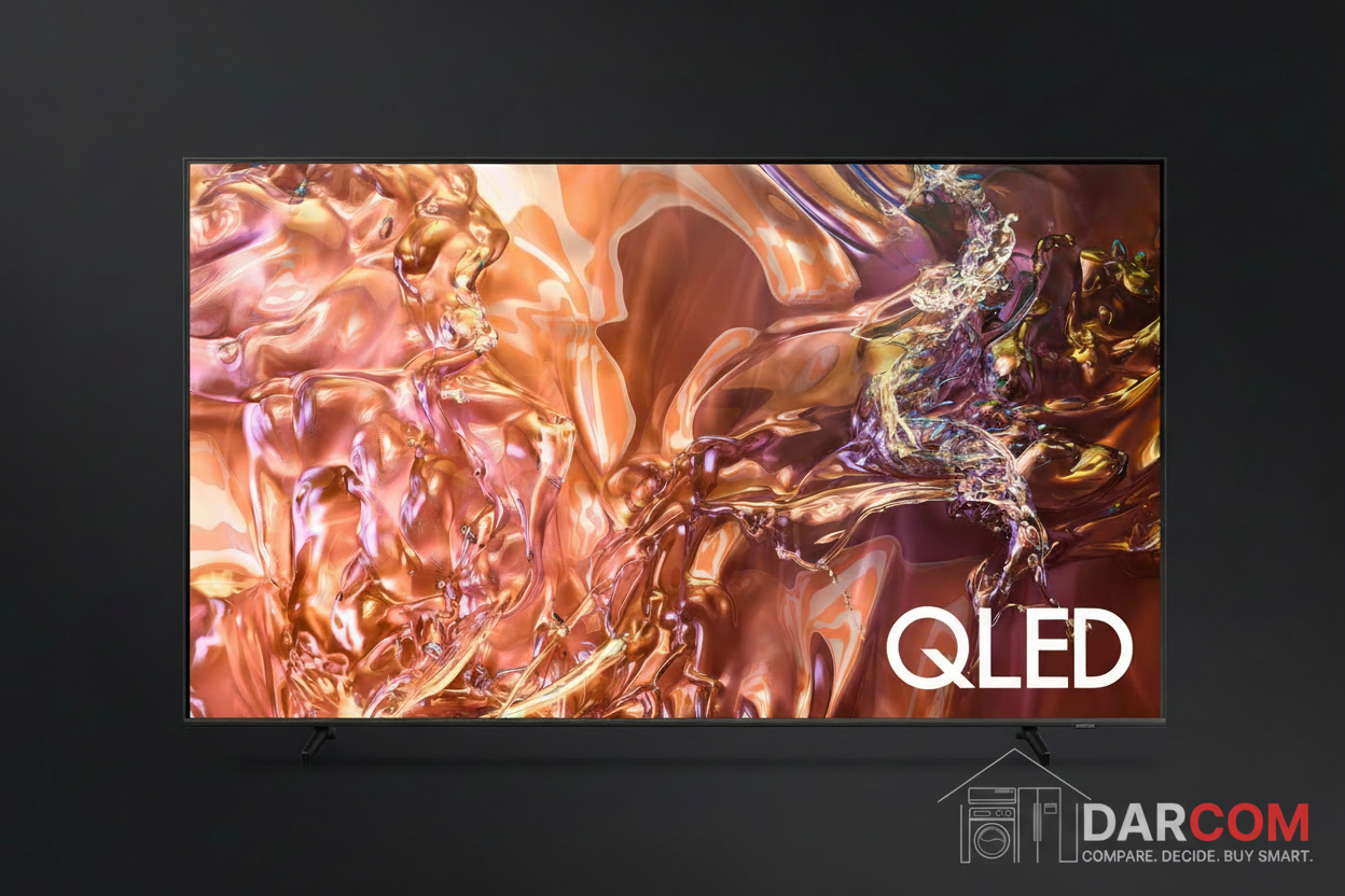 Samsung QLED TV with DARCOM logo - Dark Background