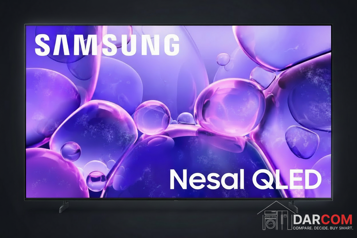 Samsung QLED TV with DARCOM logo - Dark Background