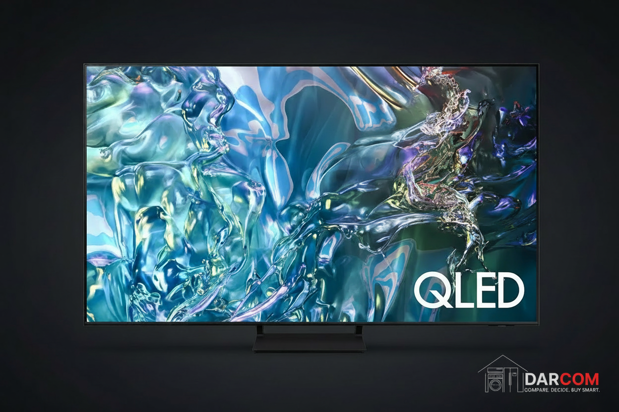 Samsung QLED TV with DARCOM logo - Dark Background