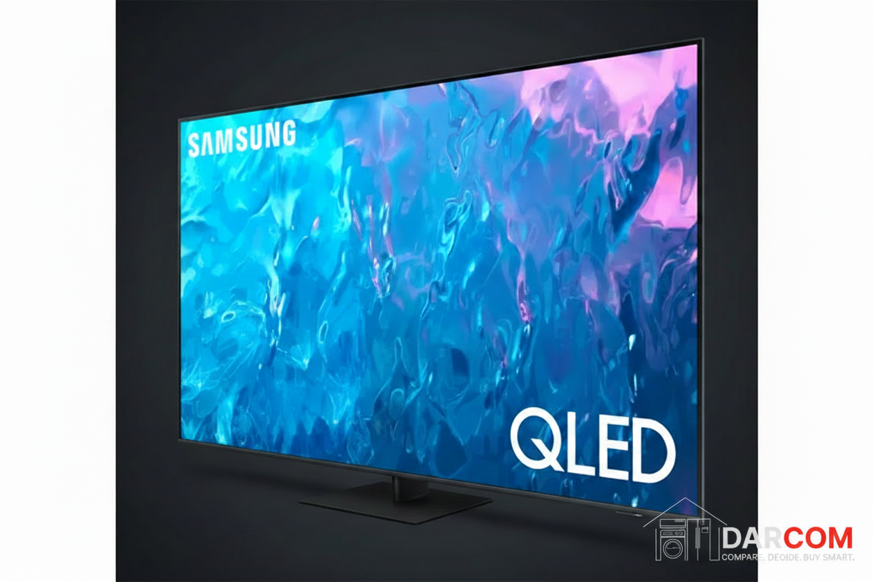 Samsung QLED TV with DARCOM logo - Dark Background