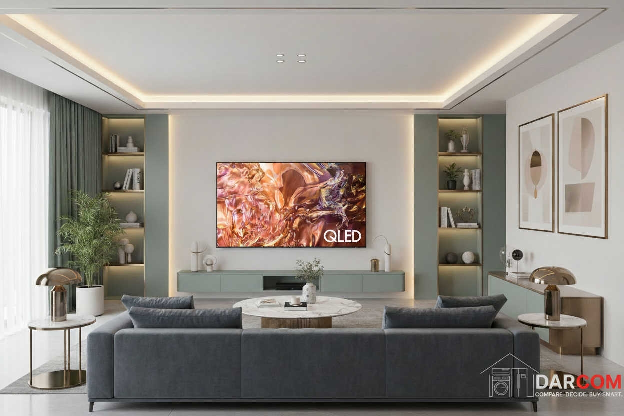 Samsung QLED TV with DARCOM logo - Living Room