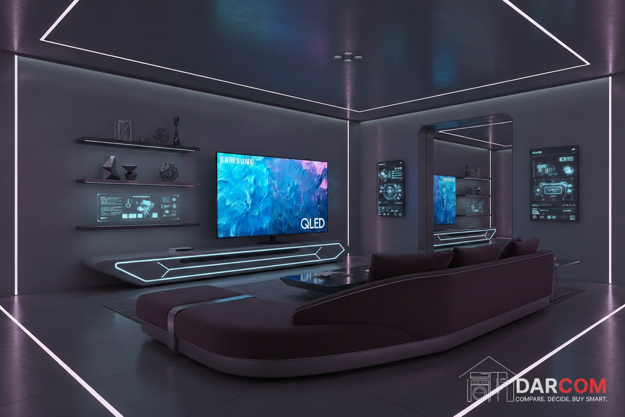 Samsung QLED TV with DARCOM logo - Living Room