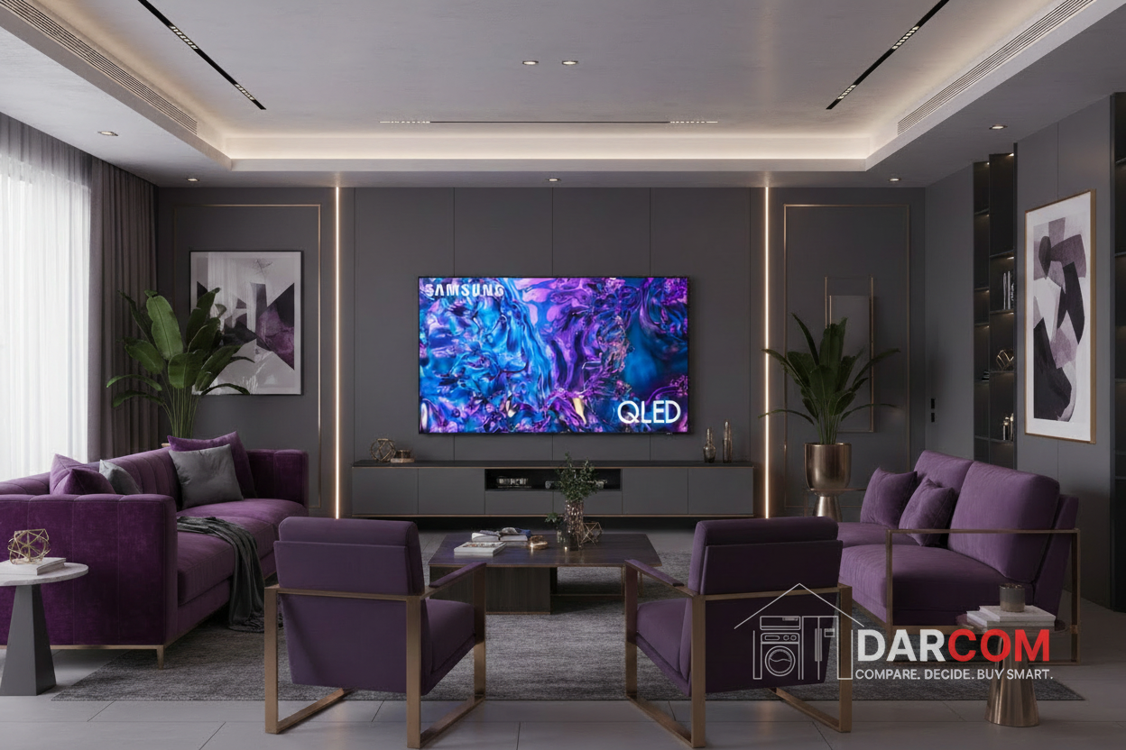 Samsung QLED TV with DARCOM logo - Purple Room