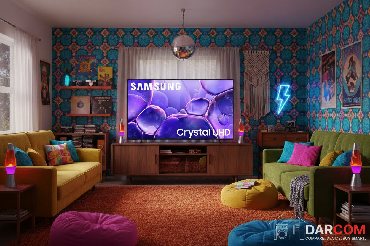 Samsung QLED TV with DARCOM logo - Retro Living Room
