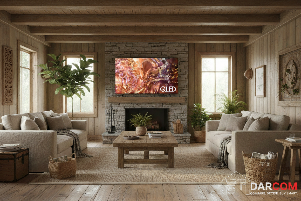 Samsung QLED TV with DARCOM logo - Rustic Living Room