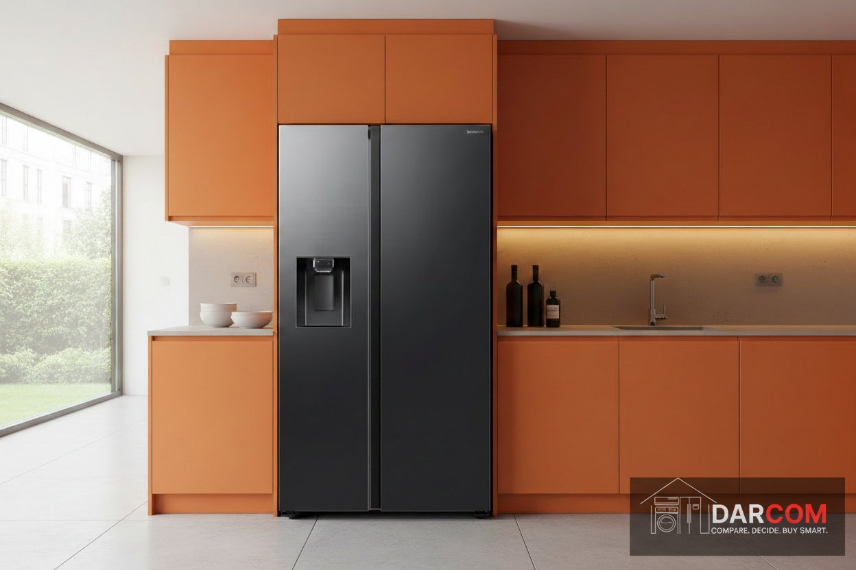 Samsung Side-by-Side Orange Kitchen with Darcom Logo