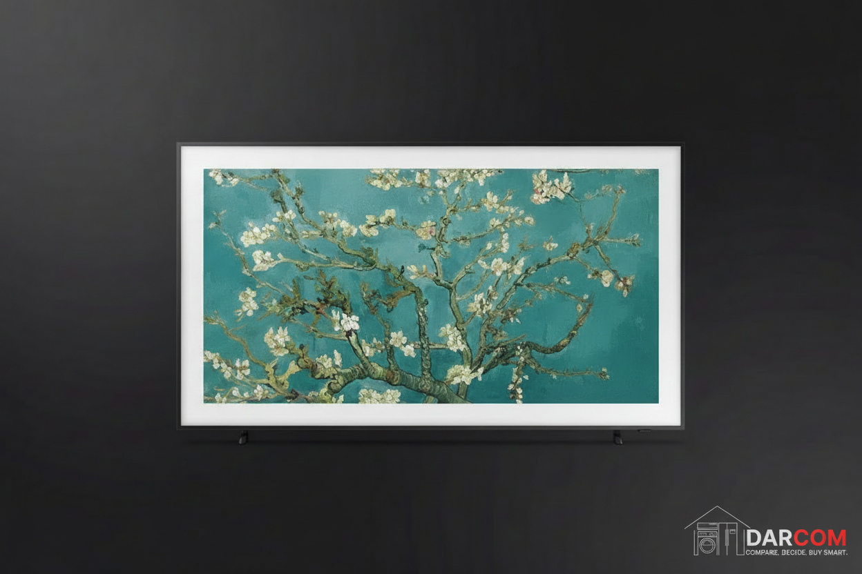 Samsung The Frame QLED TV with DARCOM logo - Dark Background