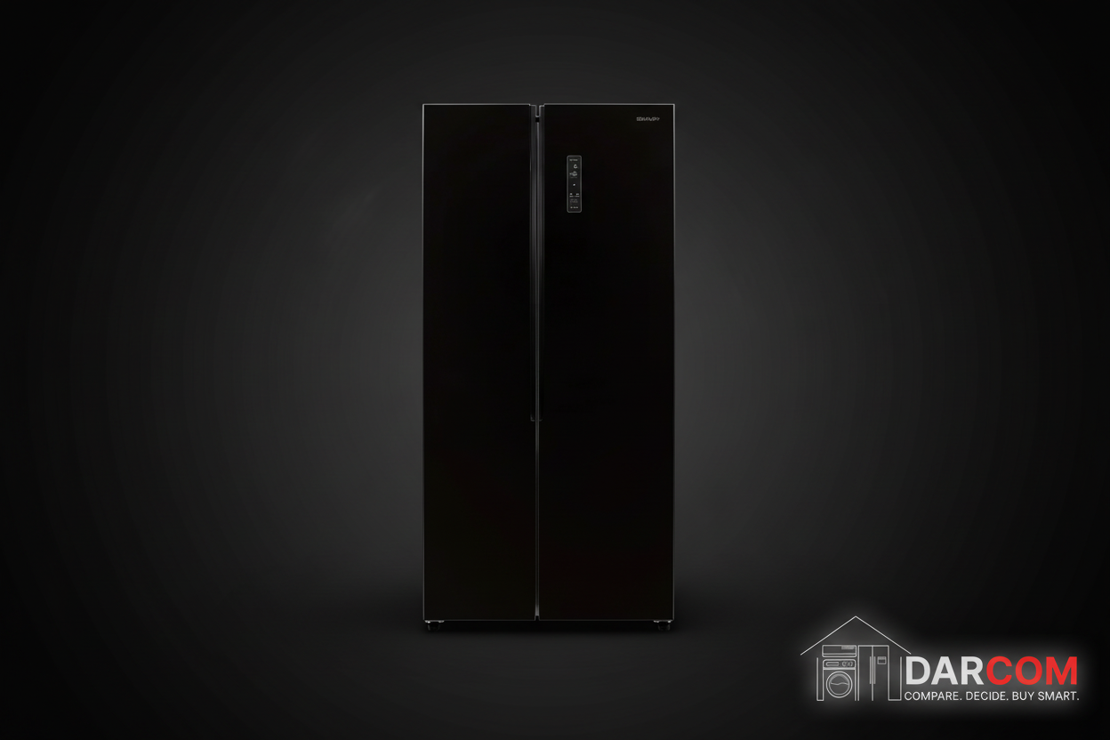 Sharp Refrigerator Dark Background with Darcom Logo