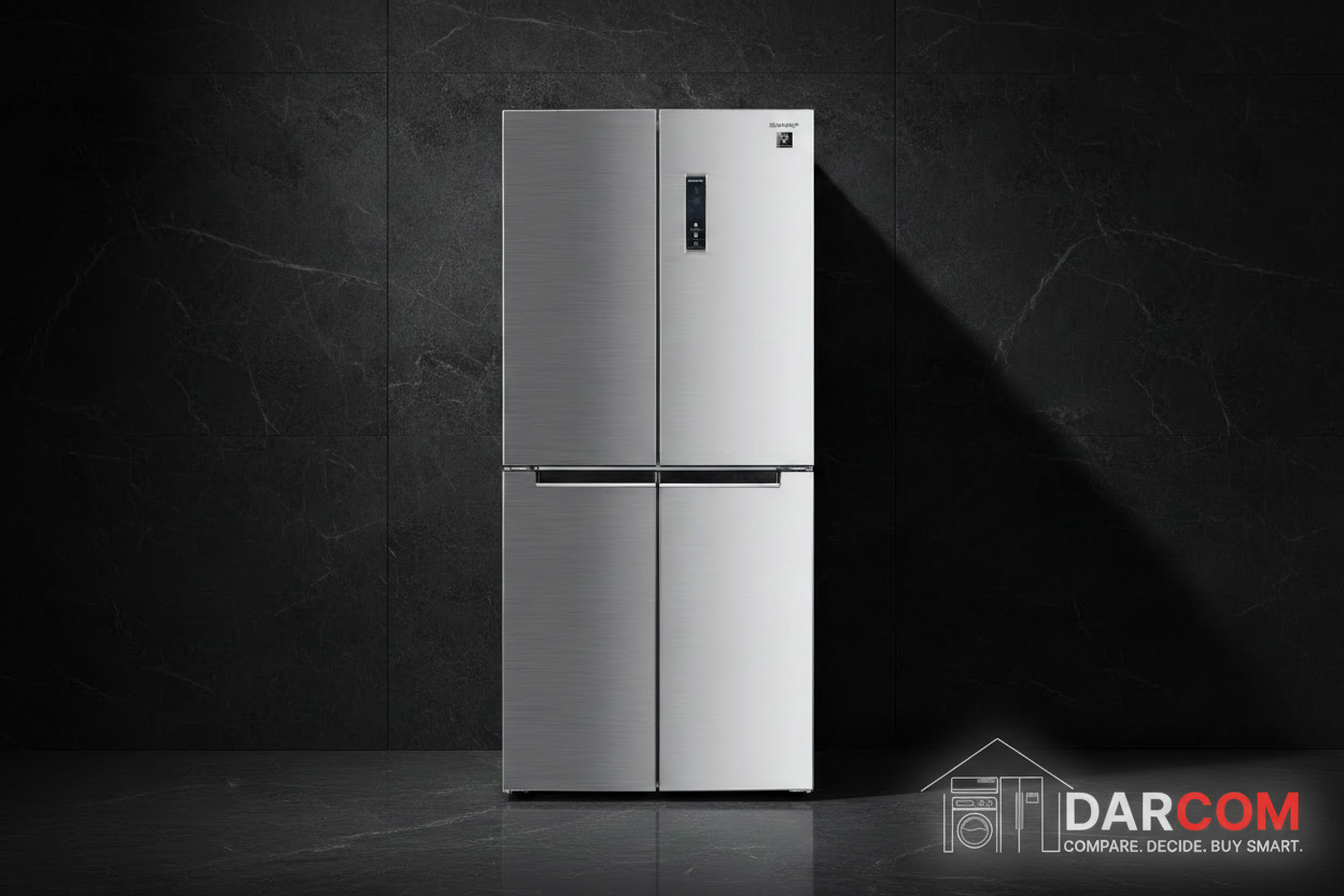 Sharp Refrigerator Dark Background with Darcom Logo