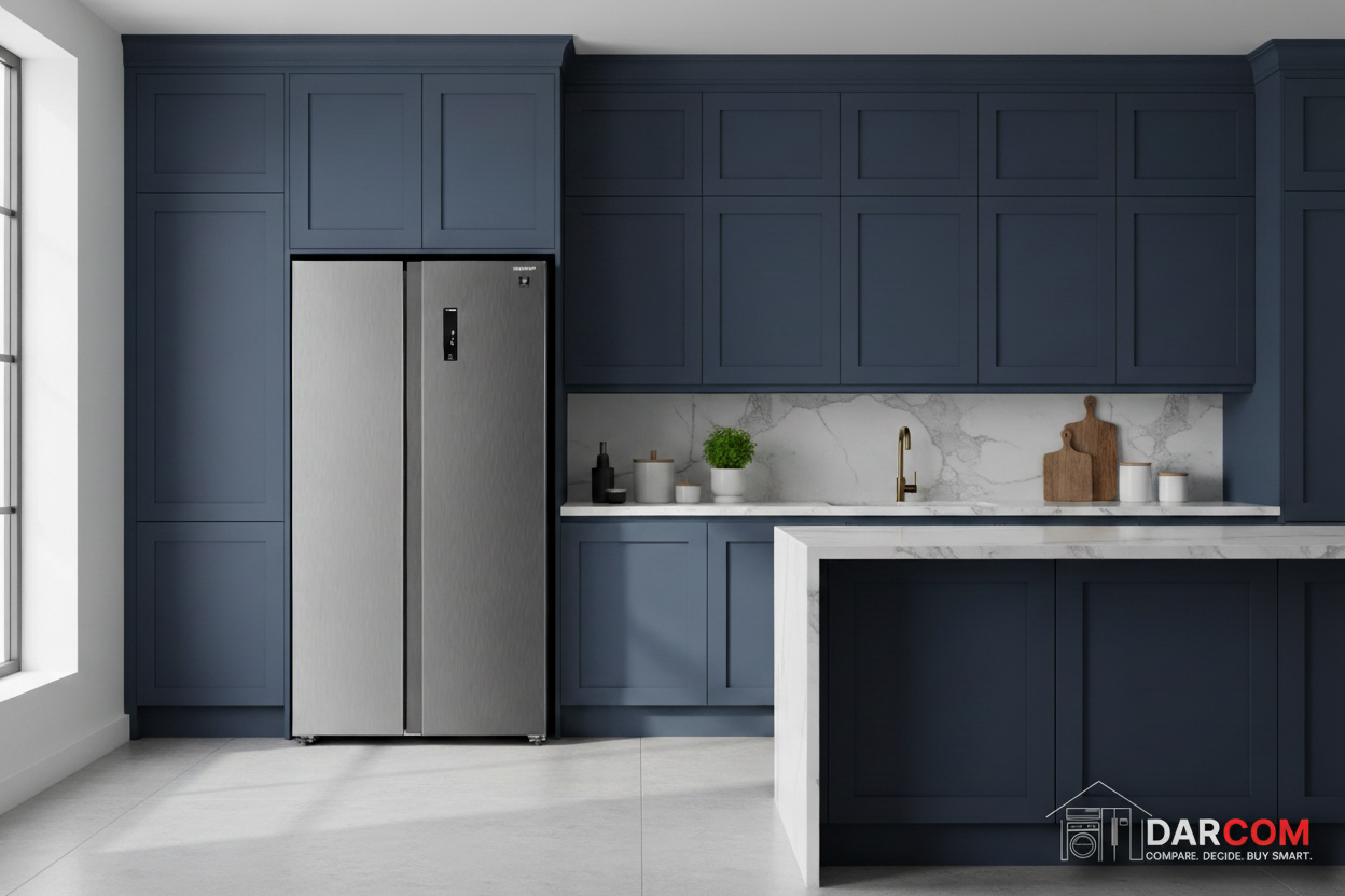Sharp Refrigerator Dusty Navy Kitchen with Darcom Logo