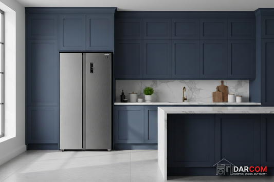 Sharp Refrigerator Dusty Navy Kitchen with Darcom Logo