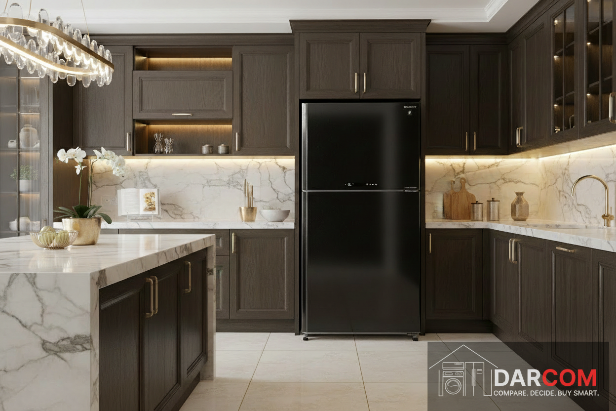 Sharp Refrigerator Gold Accents with Darcom Logo