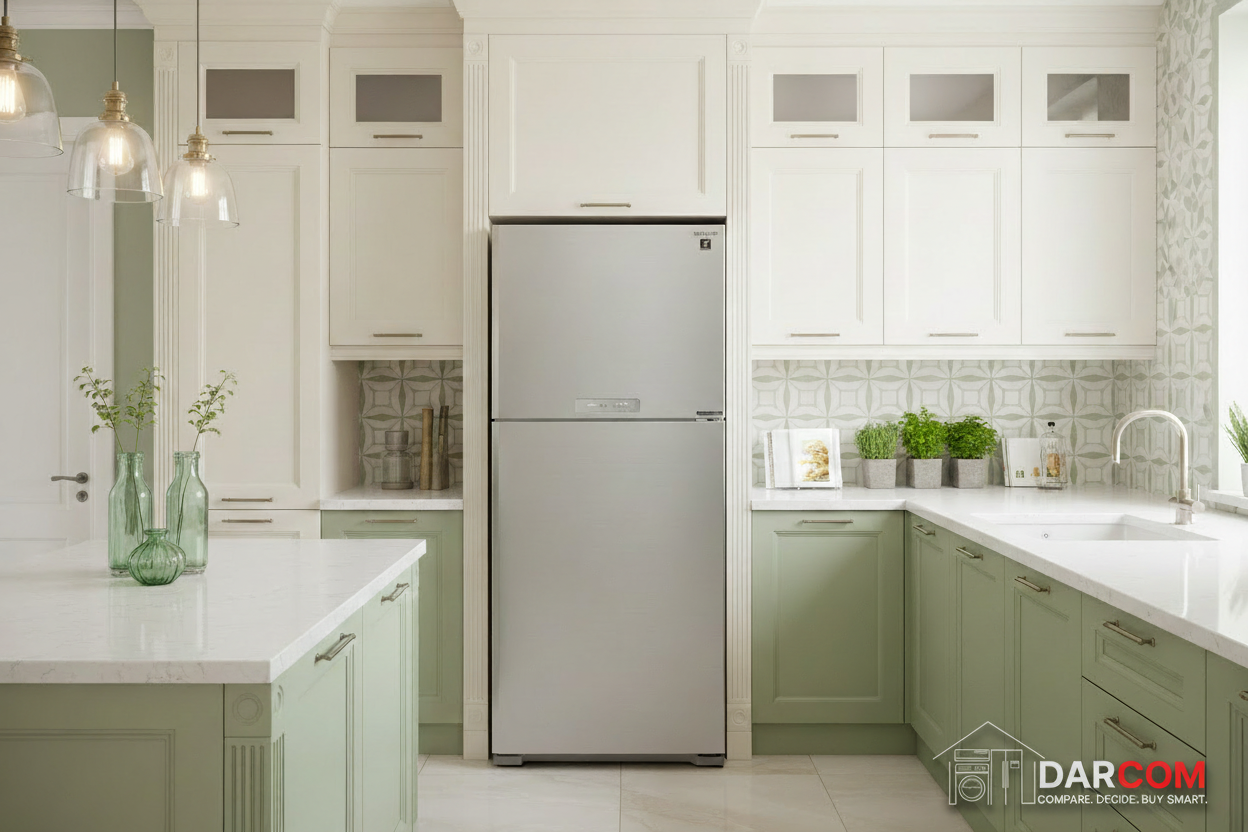 Sharp Refrigerator Green Accents with Darcom Logo
