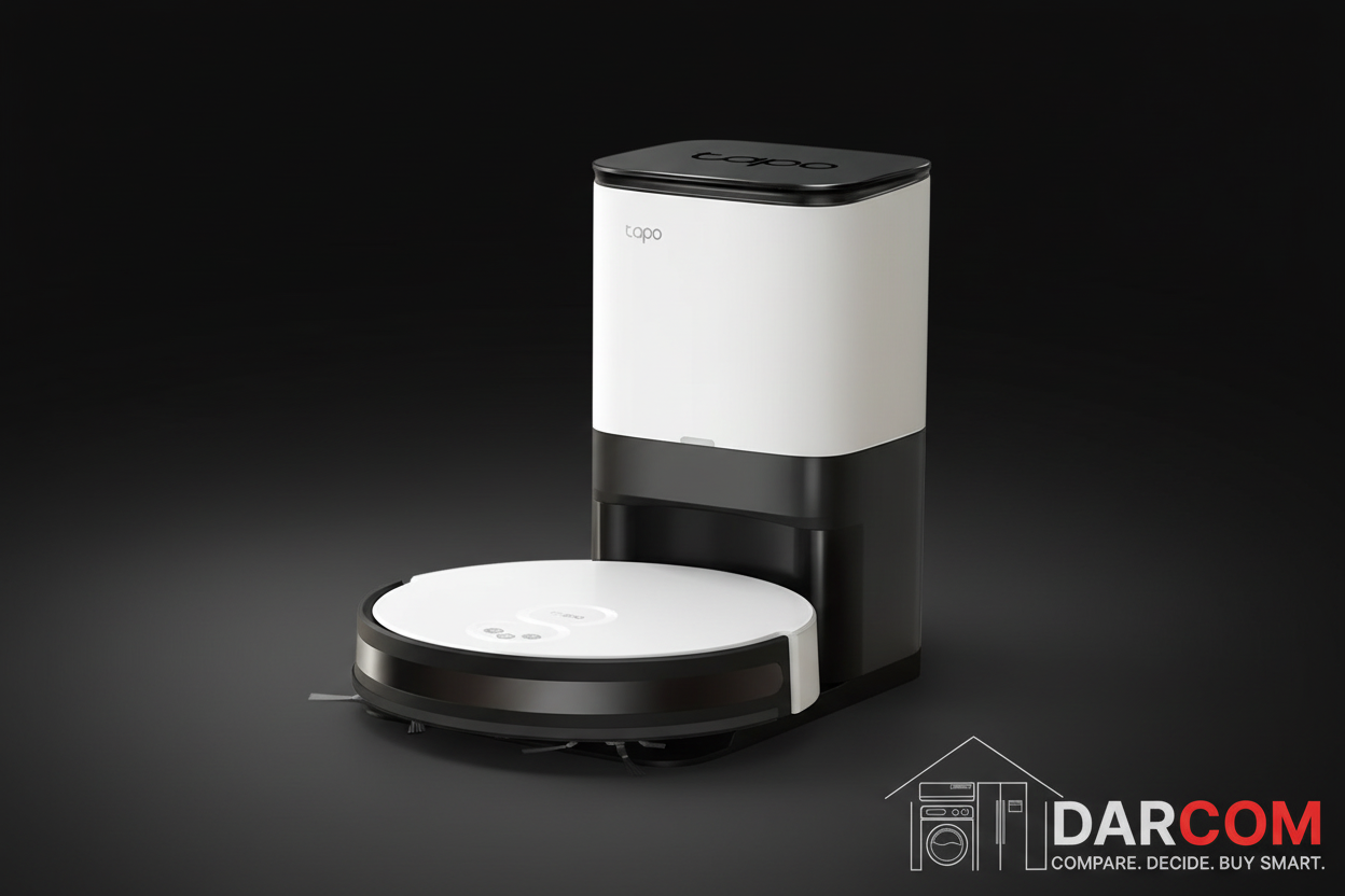 Tapo RV10 Plus Dark Background with DARCOM Logo