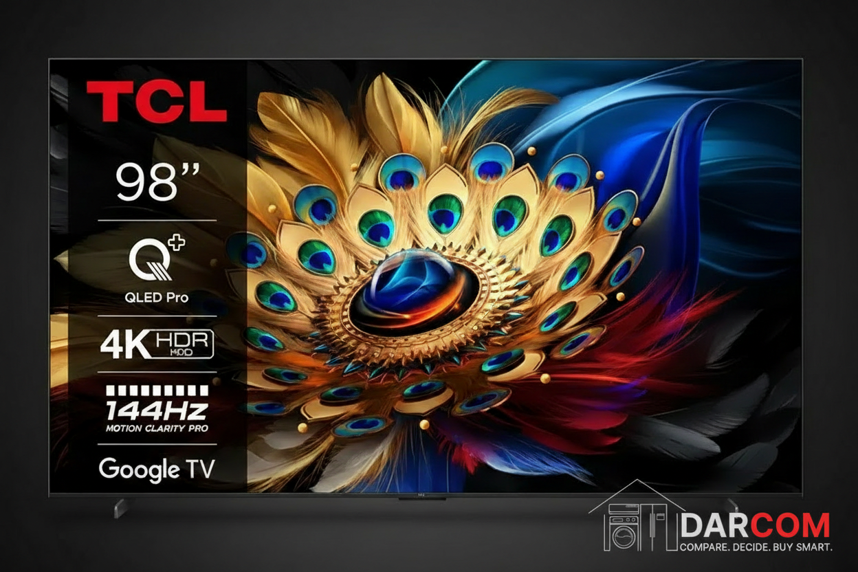 TCL 98" QLED with DARCOM logo - Dark Background