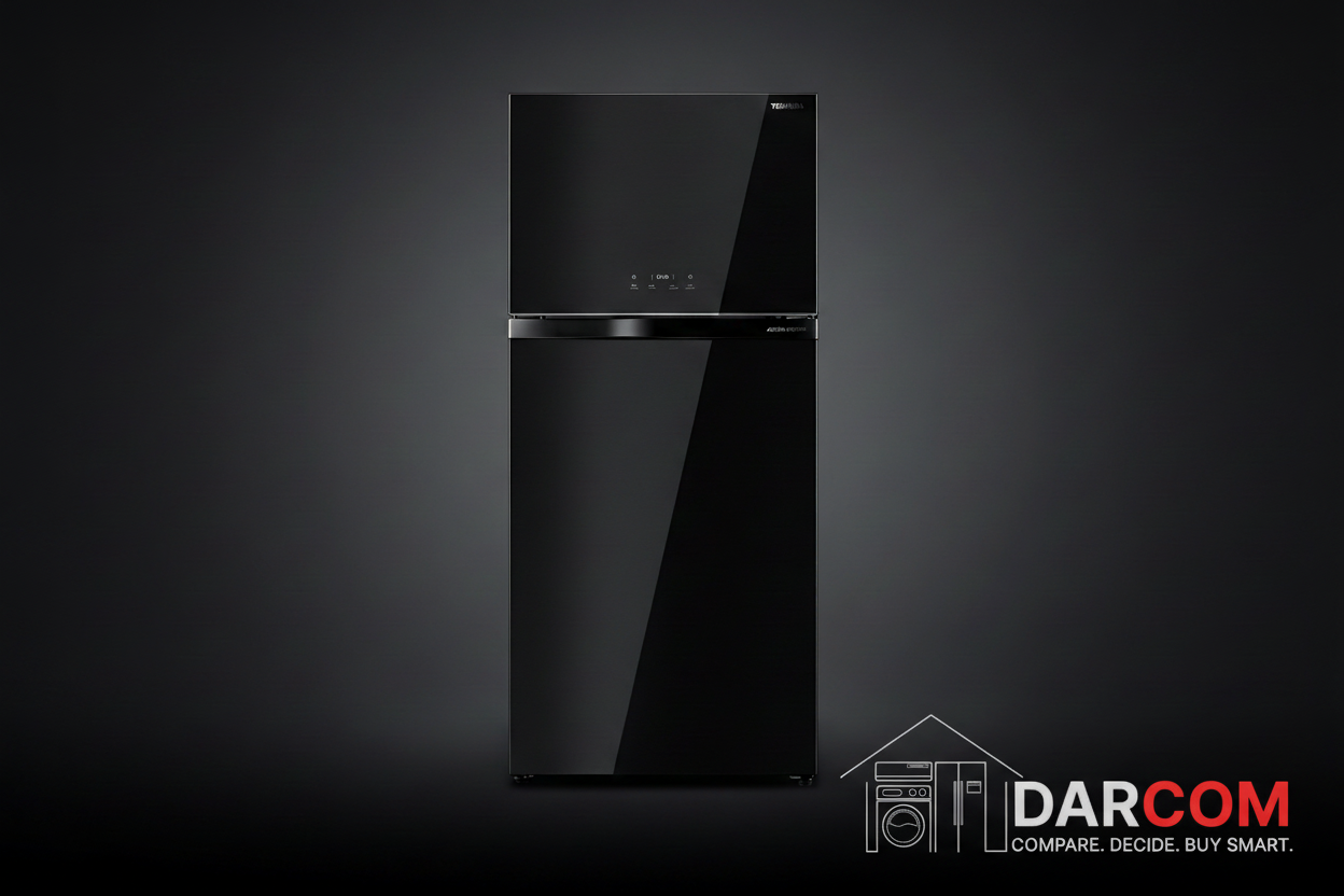 Toshiba Black Stainless Refrigerator - Dark Background with DARCOM Logo