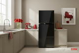 Toshiba Black Stainless Refrigerator - Lifestyle with DARCOM Logo