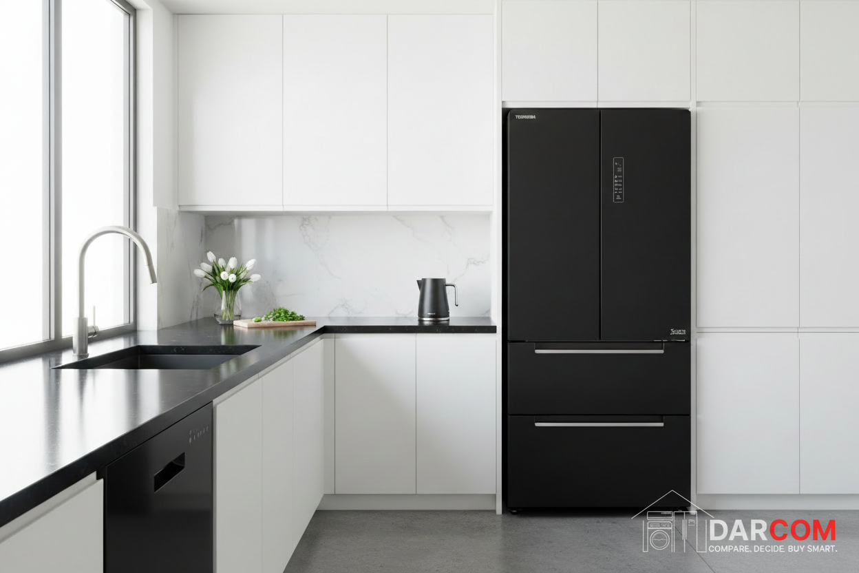 Toshiba Refrigerator - Black & White Kitchen with DARCOM Logo