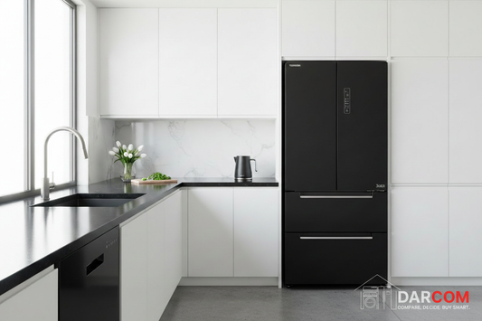 Toshiba Refrigerator - Black & White Kitchen with DARCOM Logo