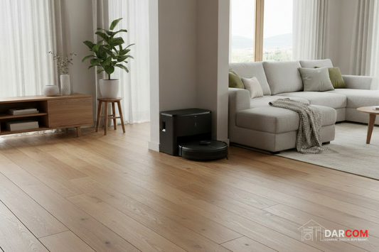 Wooden living room with DARCOM logo